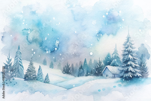 A painting of a snowy landscape with a cabin in the distance