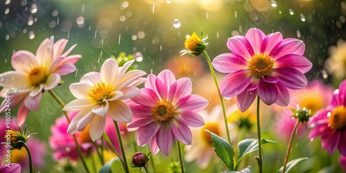 Softly focused pink and yellow flowers with delicate petals blossom under gentle raindrops in a natural setting, creating a stunning abstract floral arrangement.