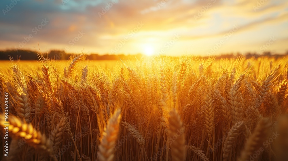 Beautiful wheat field bathed in golden light at sunset Beautiful wheat field bathed in golden light at sunset