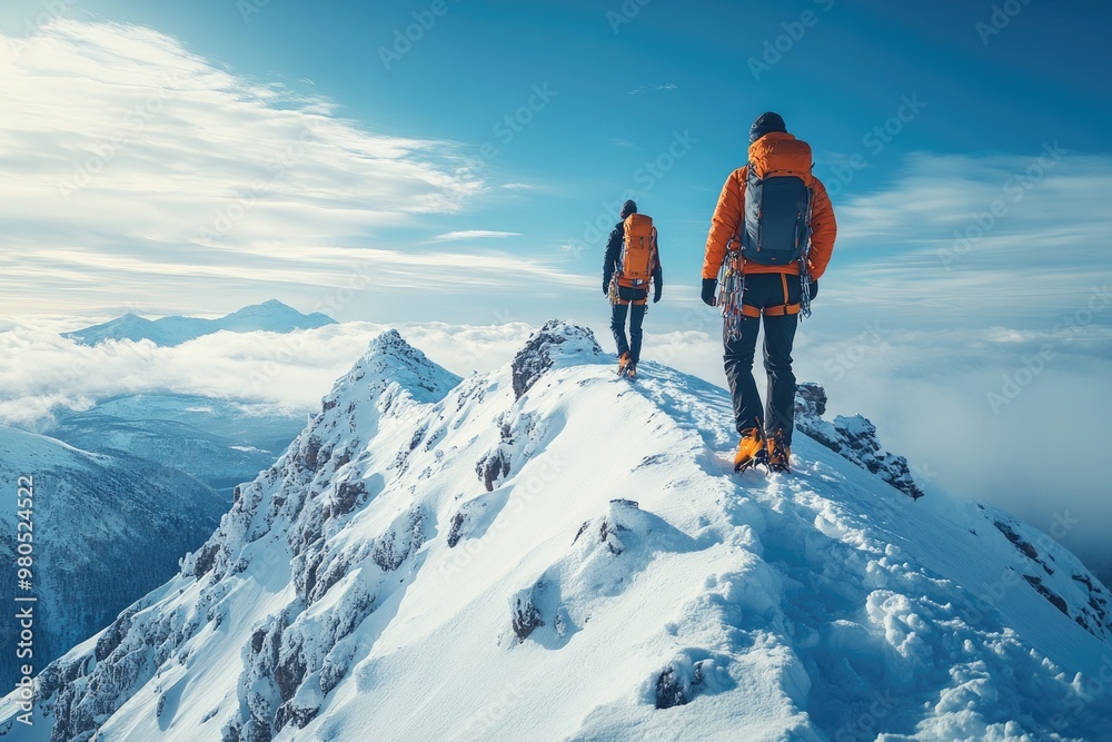 Two mountain climbers walking on a snowy mountain ridge at sunrise Two mountain climbers walking on a snowy mountain ridge at sunrise