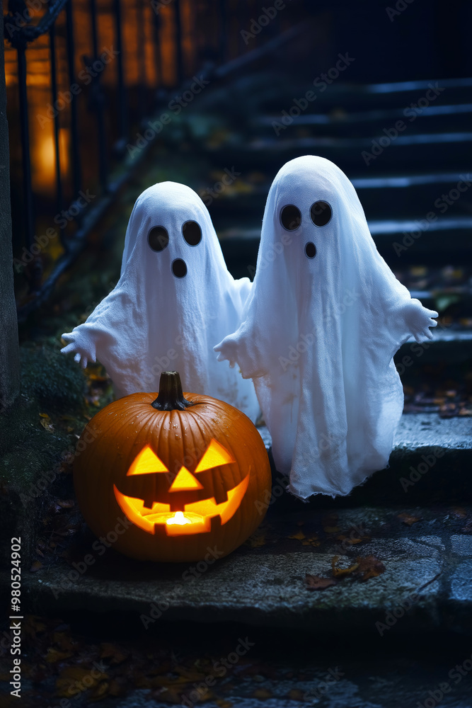 Halloween greeting card. Two ghosts and a pumpkin Halloween greeting card. Two ghosts and a pumpkin