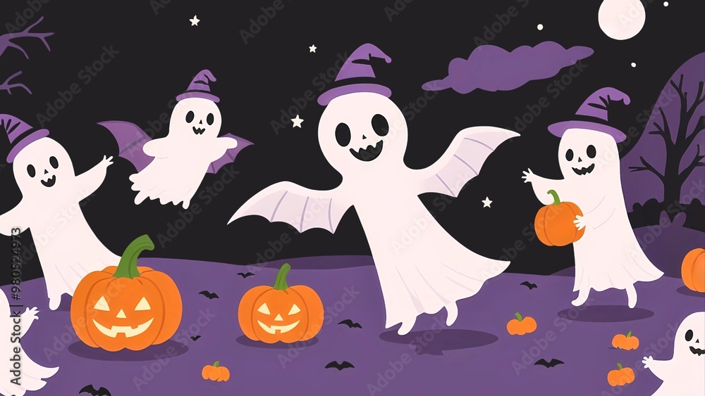 Cartoon characters of playful ghosts flying and pumpkins set against on a full moon, star and the dark night sky background Cartoon characters of playful ghosts flying and pumpkins set against on a full moon, star and the dark night sky background