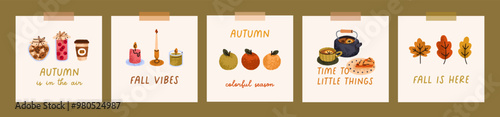 Fall card designs, sticky notes with cozy autumn decorations. Attached papers, tea, autumnal leaf, candles. Hygge inspiration, cute phrases. Stickers set with seasonal mood. Flat vector illustrations