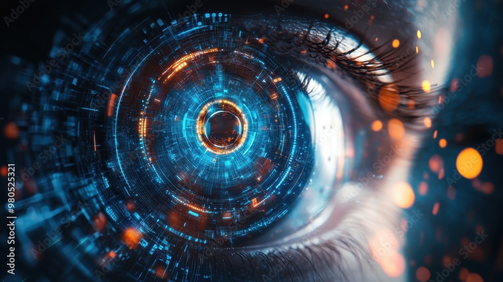 A futuristic eye scanning digital information with glowing circles and data symbols hovering around the iris in a high-tech security concept A futuristic eye scanning digital information with glowing circles and data symbols hovering around the iris in a high-tech security concept