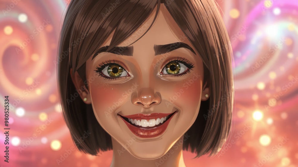 A vibrant young woman with dynamic facial expressions, sparkling eyes, and radiant smile, surrounded by energetic A vibrant young woman with dynamic facial expressions, sparkling eyes, and radiant smile, surrounded by energetic