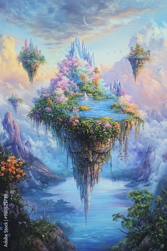 A dreamy panorama capturing fantastical realms of floating islands and mythical creatures photo