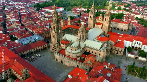 drone aerial view of Santiago de Compostela town in Galicia, Spain, Camino de Santiago pilgrimage end, Way of St James, cathedral in Santiago de Compostela. 
