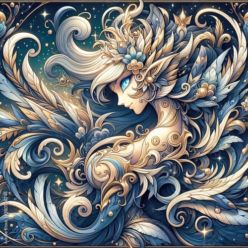 Ethereal Maiden Amidst Gilded Swirls and Feathers, Radiating Elegance in Art Nouveau Fantasy Style with Blue and Gold