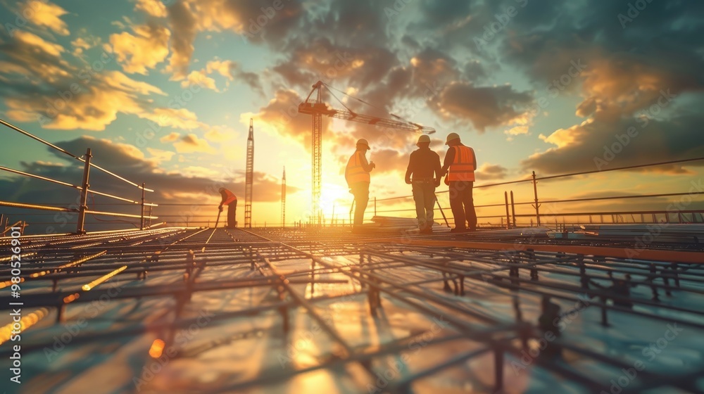 Fototapeta premium Silhouetted construction workers stand on a building site at sunset, against a dramatic sky, symbolizing teamwork and progress.