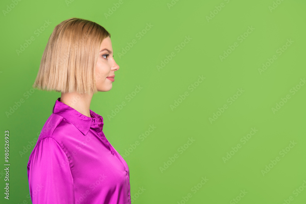 Profile photo of elegant stunning girl wear stylish pink clothes look empty space isolated on green color background Profile photo of elegant stunning girl wear stylish pink clothes look empty space isolated on green color background