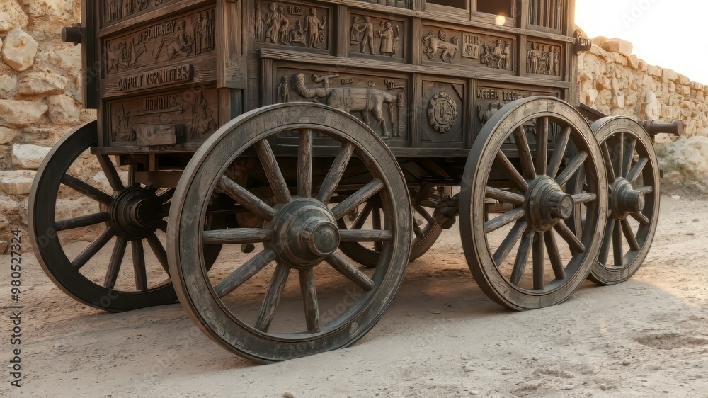 A weathered wooden chariot, adorned with intricate carvings, is situated in the centre of a dusty, worn Roman A weathered wooden chariot, adorned with intricate carvings, is situated in the centre of a dusty, worn Roman