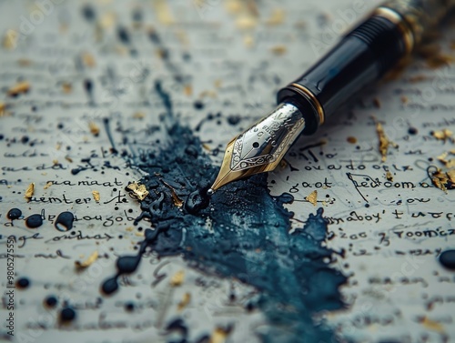 A close-up image of a vintage fountain pen leaking ink onto handwritten script, creating an artistic and nostalgic feel. photo