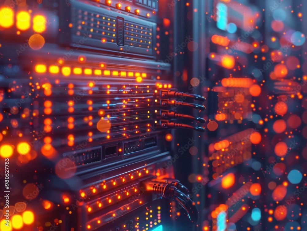 Obraz premium A vibrant data server room with glowing LED lights and network cables representing advanced computing and technology infrastructure.