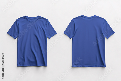 realistic lie down blue t-shirt mockup, front and back top view