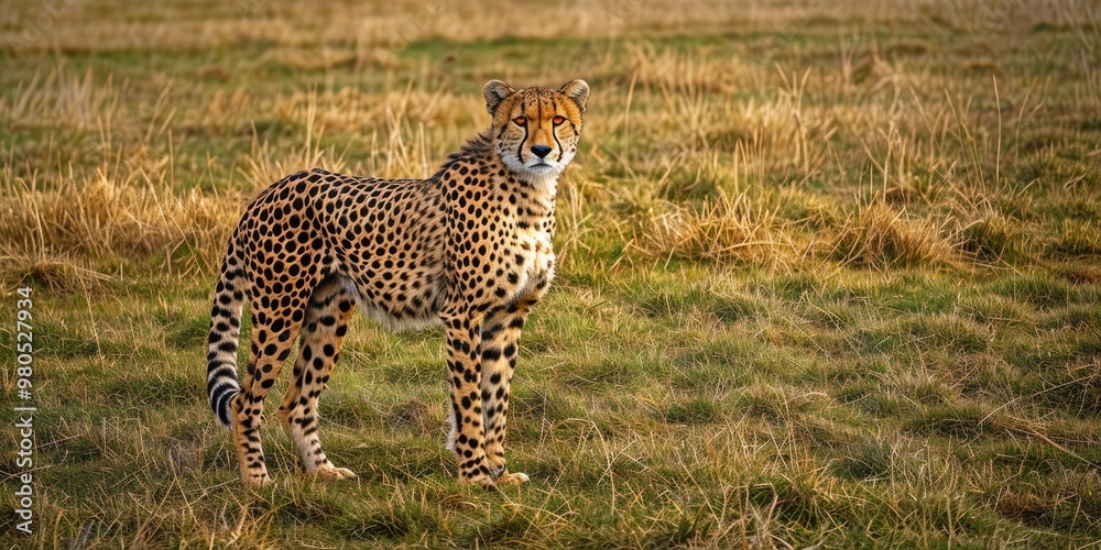 Naklejka premium Cheetah confidently poses in a lush meadow surrounded by parched grass.