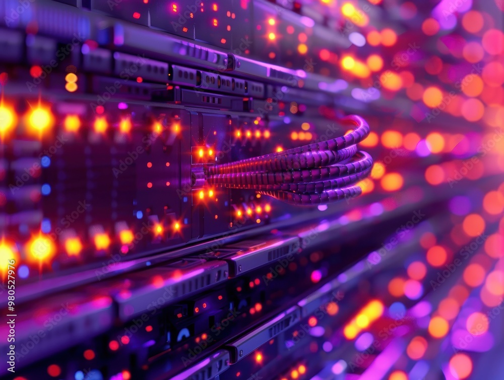 Close-up of a colorful, illuminated server rack in a data center with vibrant lights emphasizing technology and connectivity. Close-up of a colorful, illuminated server rack in a data center with vibrant lights emphasizing technology and connectivity.
