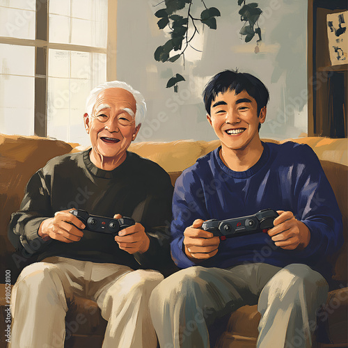 Grandfather and Grandson Bonding Over a Video Game Session