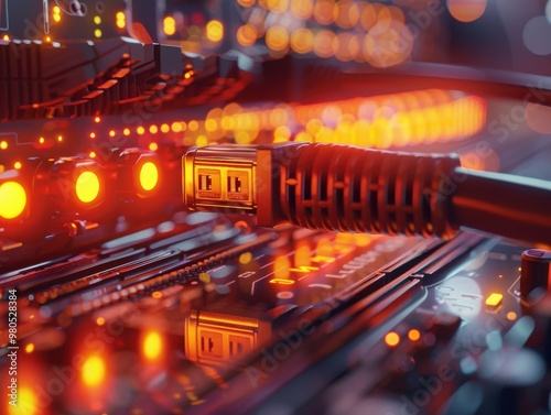 Close-up of a network switch with glowing LED lights and cables, representing modern data communication and technology. photo