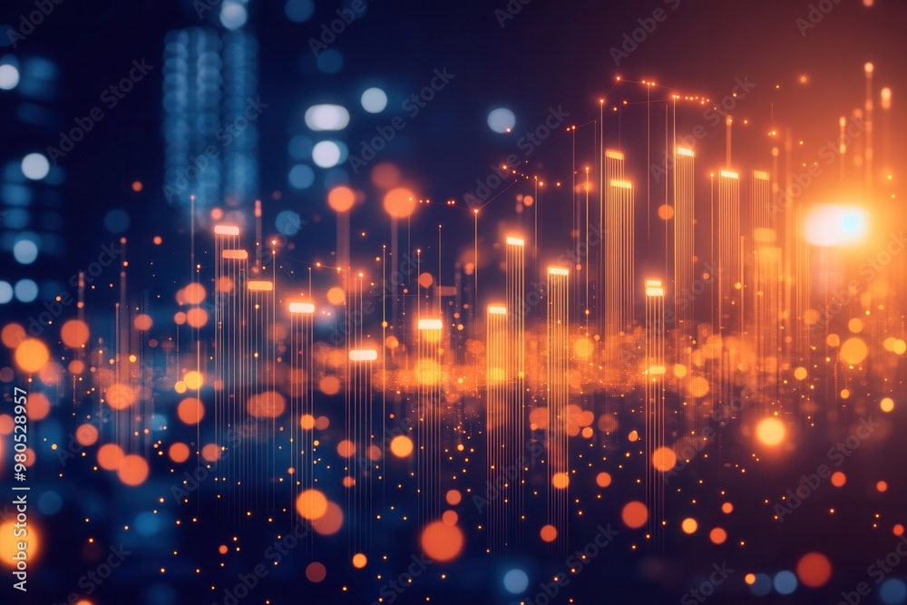 Abstract digital visualization with glowing lines and spheres, representing data analysis and technological growth against a dark background. Abstract digital visualization with glowing lines and spheres, representing data analysis and technological growth against a dark background.