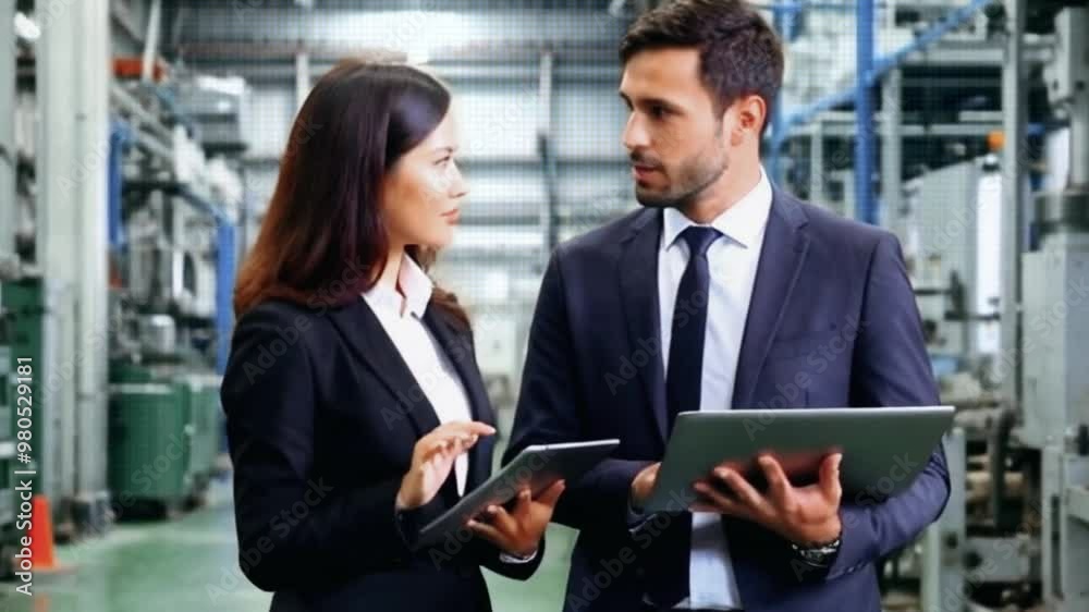 Two businesspeople in suits using tablets in a factory. Two businesspeople in suits using tablets in a factory.