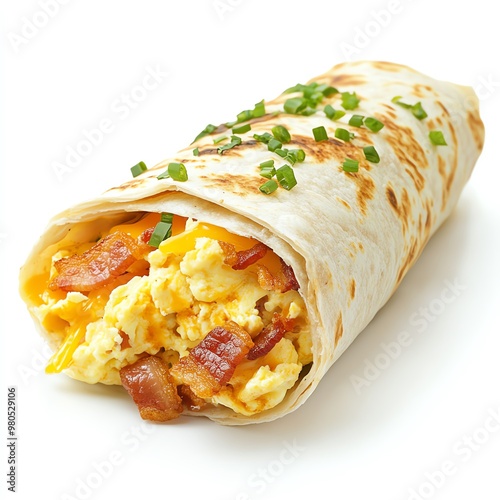 A breakfast burrito stuffed with scrambled eggs, bacon, and cheese