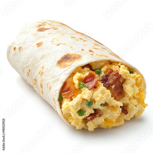A breakfast burrito stuffed with scrambled eggs, bacon, and cheese