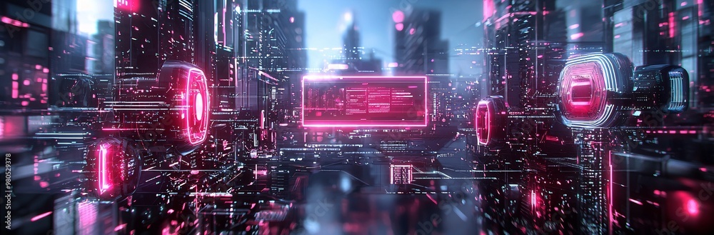 Fototapeta premium Futuristic AI metropolis, digital networks, advanced technology, holographic interfaces