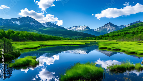 Stunning green mountain scenery, blue sky, wetland and forest with fascinating interplay.