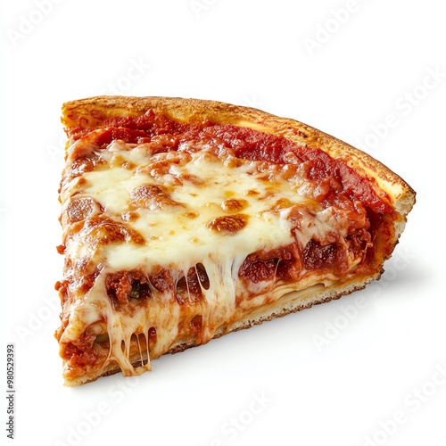 A deep-dish pizza slice with layers of cheese and toppings photo