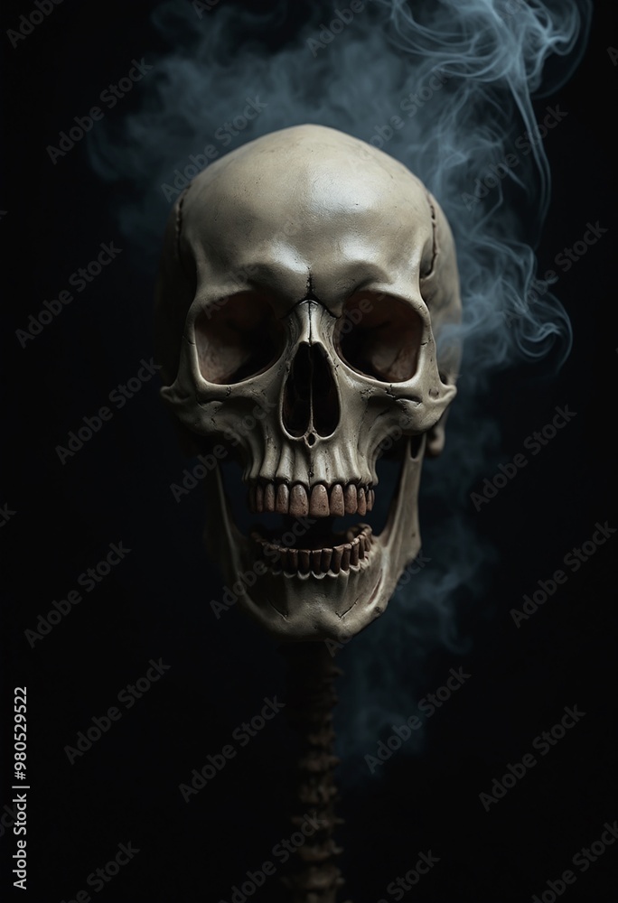 Scary evil skeleton skull with smoke on black background. Halloween and Day of the Dead concept. No Smoking campaign Scary evil skeleton skull with smoke on black background. Halloween and Day of the Dead concept. No Smoking campaign