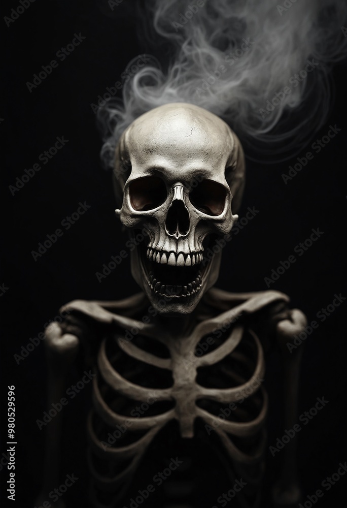 Scary evil skeleton skull with smoke on black background. Halloween and Day of the Dead concept. No Smoking campaign Scary evil skeleton skull with smoke on black background. Halloween and Day of the Dead concept. No Smoking campaign
