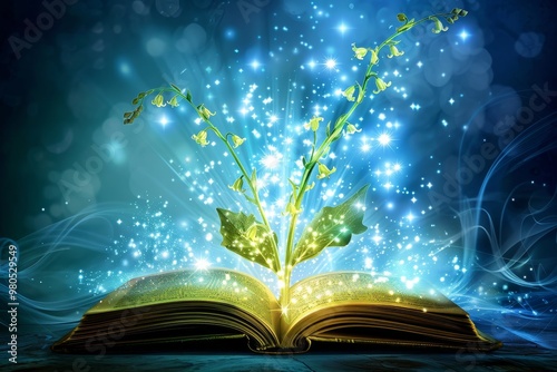 Open book with glowing flowers emerging, symbolizing the magical world of imagination and storytelling, where literature brings dreams and fantasies to life.