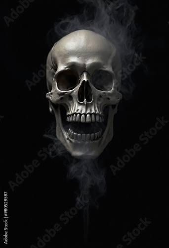 Scary evil skeleton skull with smoke on black background. Halloween and Day of the Dead concept. No Smoking campaign