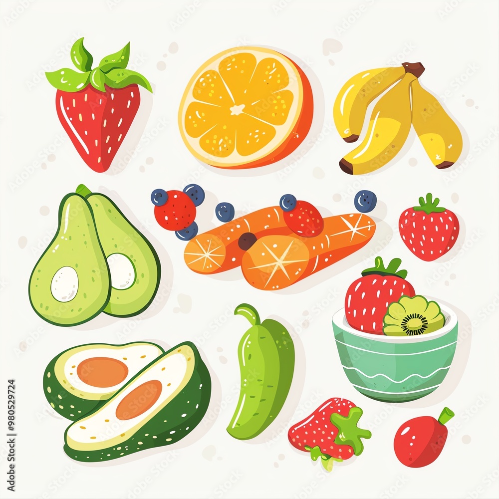 Healthy snacks, fruits and veggies, nutritious choices, flat design illustration Healthy snacks, fruits and veggies, nutritious choices, flat design illustration