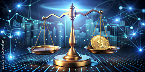 Digital Currency Scales: A golden scale, symbolizing justice and balance, sits against a digital backdrop of a cityscape. A single coin, adorned with a dollar sign, tips the scale, representing the gr photo