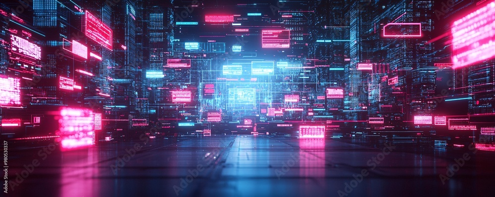 Fototapeta premium AI-powered urban environment, futuristic city, innovative technology, holographic displays