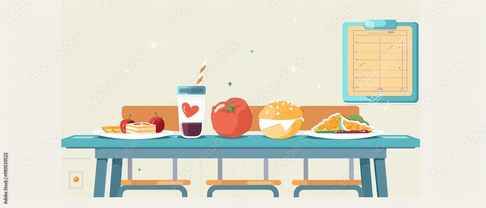 Serving school meal, nutritious options, balanced diet, flat design illustration Serving school meal, nutritious options, balanced diet, flat design illustration