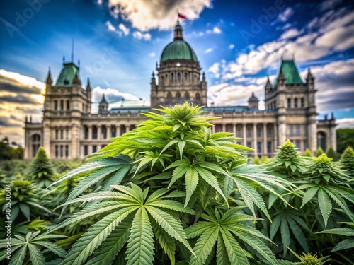 Massive cannabis plants with lush green leaves and budding flowers tower in front of the government parliament building, symbolizing the legalization of marijuana. photo