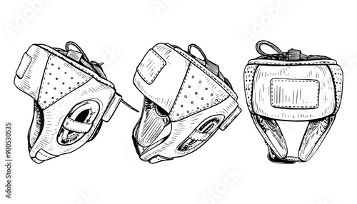 Set boxing helmets hand drawn sketch. Sports equipment. Head protection in fight. Boxers clothes. Equipment for fights, wrestling. Professional sports. Helmet on head. Vector line art illustration.