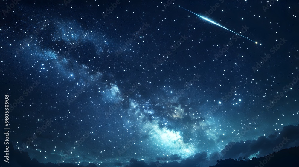 The night sky illuminated by stars, auroras, and a meteor shower, the Milky Way and a passing satellite, hyper-real, sharp and detailed graphic illustration The night sky illuminated by stars, auroras, and a meteor shower, the Milky Way and a passing satellite, hyper-real, sharp and detailed graphic illustration