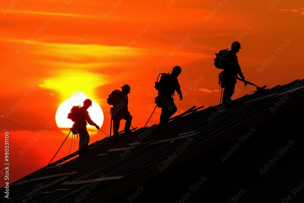 Fototapeta premium Silhouettes of four workers fixing roof at sunset, creating a striking contrast against the vibrant orange sky, showcasing teamwork and determination.