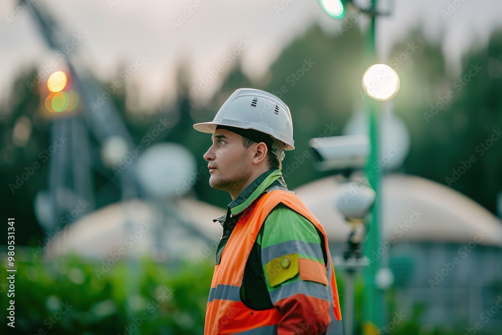 Industrial worker in high visibility jacket with helmet at dusk Industrial worker in high visibility jacket with helmet at dusk