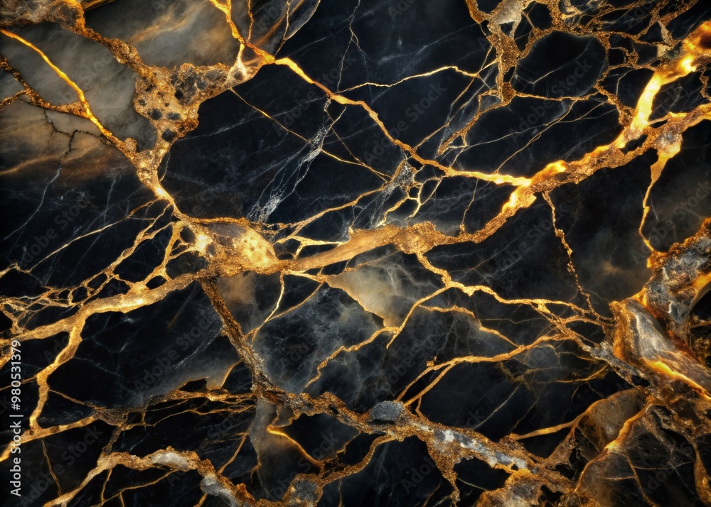 Luxurious black marble with intricate gold veins resembles a celestial sky or mysterious dark waters, evoking a sense of natural wonder and opulence in this stunning close-up.