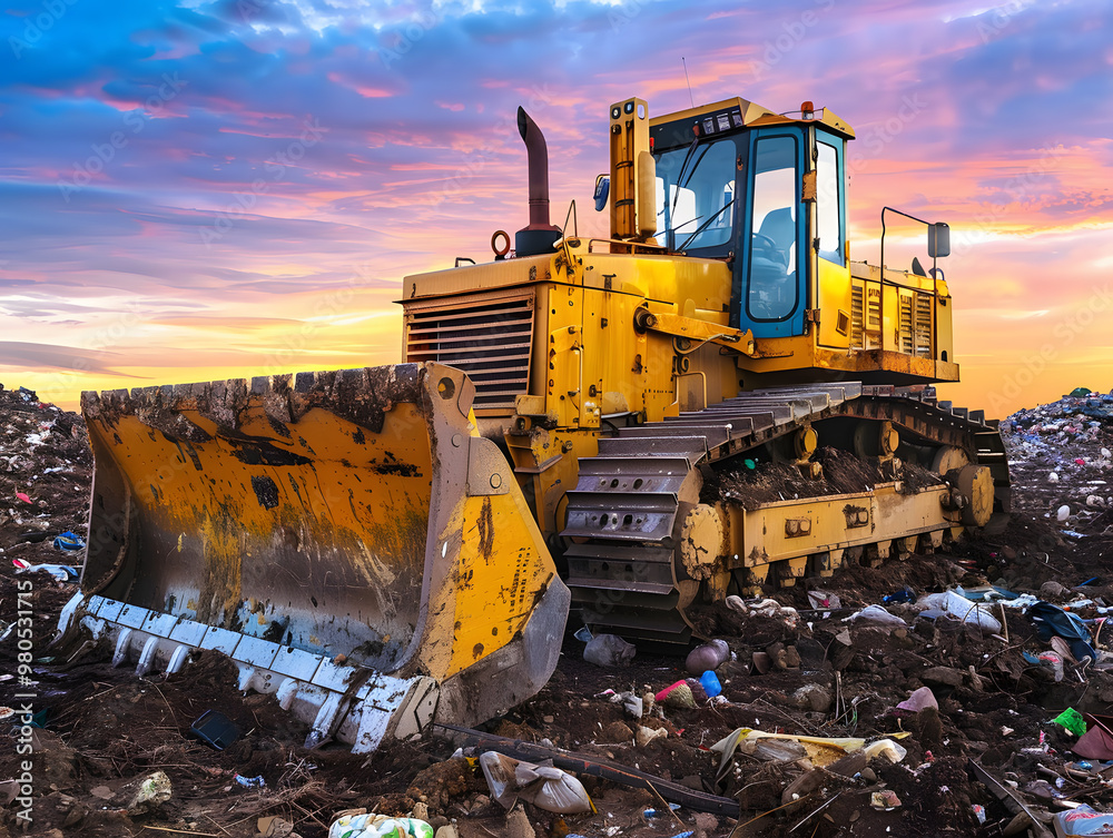 Fototapeta premium A bulldozer works at a landfill, waste recycling process. Neural network AI generated art