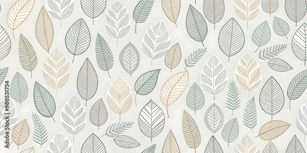 Abstract Leaf Pattern: A delicate and calming seamless pattern featuring abstract leaves in shades of green, beige, and gray. The pattern is perfect for creating a calming and natural atmosphere in an Abstract Leaf Pattern: A delicate and calming seamless pattern featuring abstract leaves in shades of green, beige, and gray. The pattern is perfect for creating a calming and natural atmosphere in an
