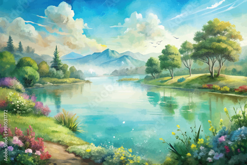 Serene Mountain View with Trees and Clouds