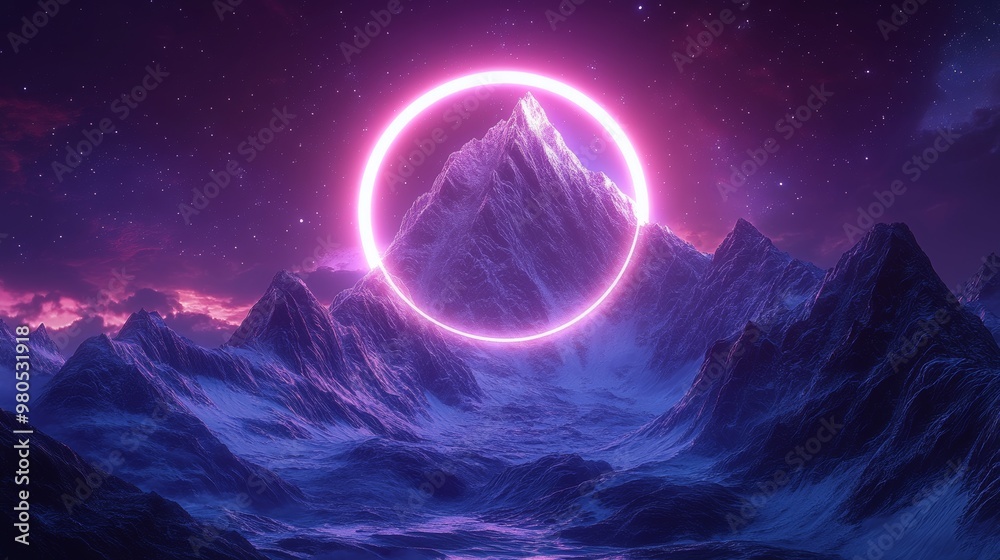 A circle of bright stars illuminating a towering snow-capped mountain, glowing under a deep indigo sky, rendered in neon holographic style with sharp futuristic details A circle of bright stars illuminating a towering snow-capped mountain, glowing under a deep indigo sky, rendered in neon holographic style with sharp futuristic details