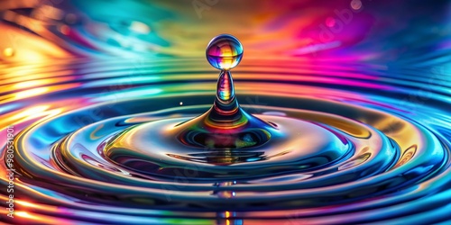 Vibrant futuristic water droplet suspends in mid-air, radiating iridescent hues, as surrounding ripples and splash effects burst forth in a mesmerizing display of fluid dynamics. photo