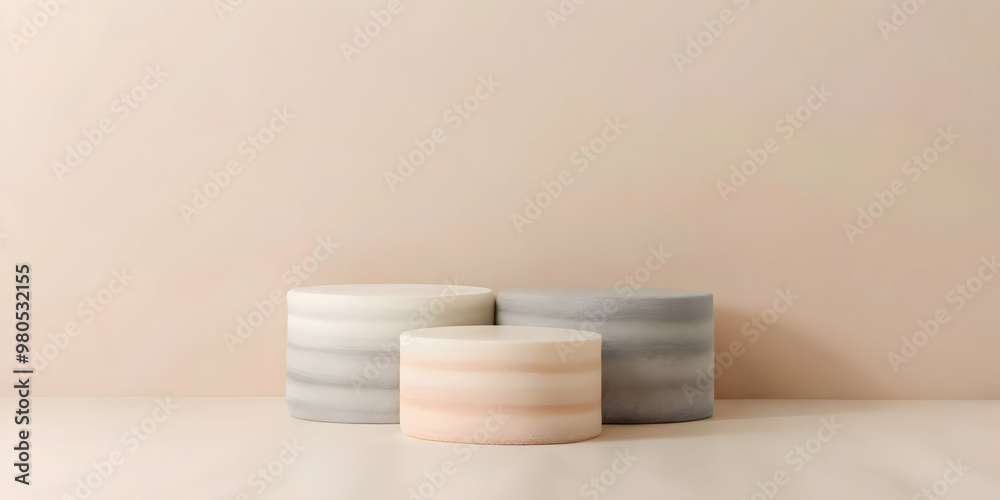 Marble Pedestals Minimalist Product Display: A sophisticated, modern product display featuring three elegant marble pedestals on a light backdrop. Perfect for showcasing your products in a minimalist Marble Pedestals Minimalist Product Display: A sophisticated, modern product display featuring three elegant marble pedestals on a light backdrop. Perfect for showcasing your products in a minimalist
