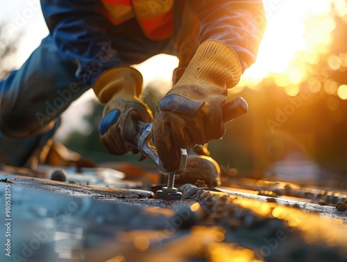 Close-up of a worker's hands in gloves fixing a roof with a sunset background, showcasing manual labor and craftsmanship.